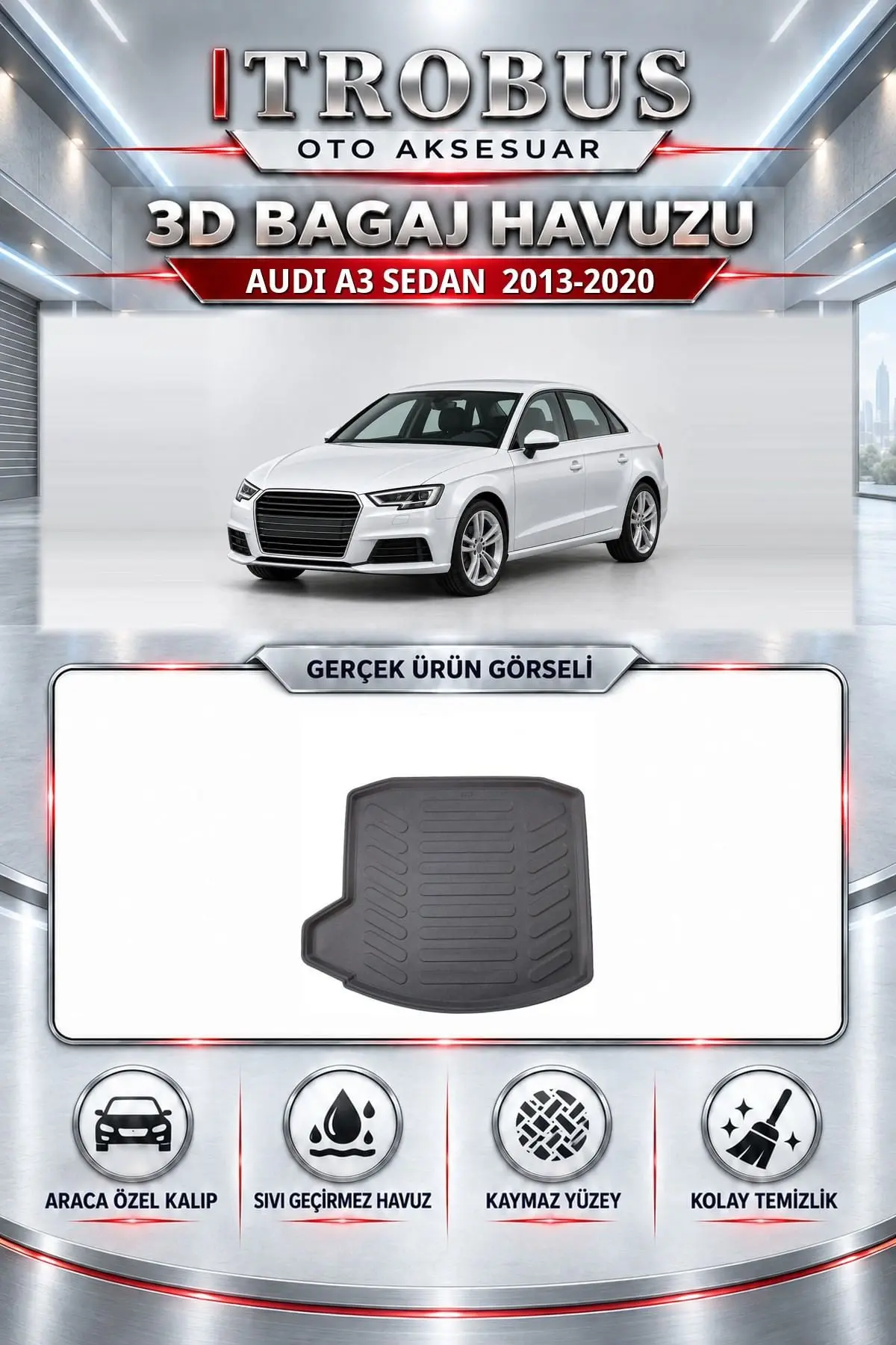 Audi A3 2013-2020 Sedan Araca Özel 3D Bagaj Havuzu
