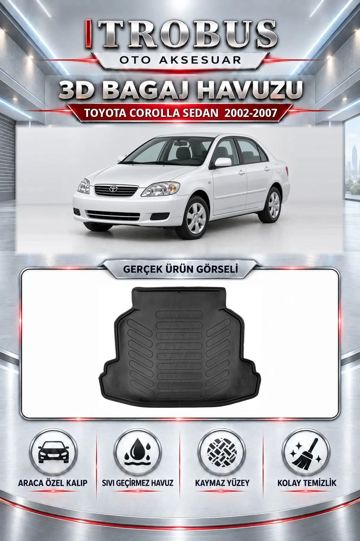 Toyota Corolla 2002-2007 Sedan Araca Özel 3D Bagaj Havuzu
