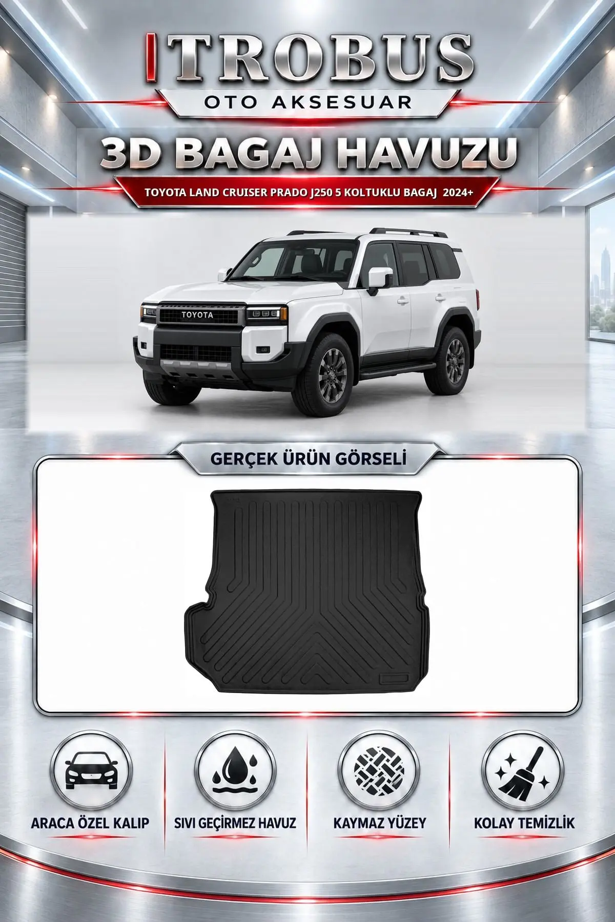 Toyota Land Cruiser Prado J250 2024 Sonrası 5 Koltuklu Bagaj Araca Özel 3D Bagaj Havuzu