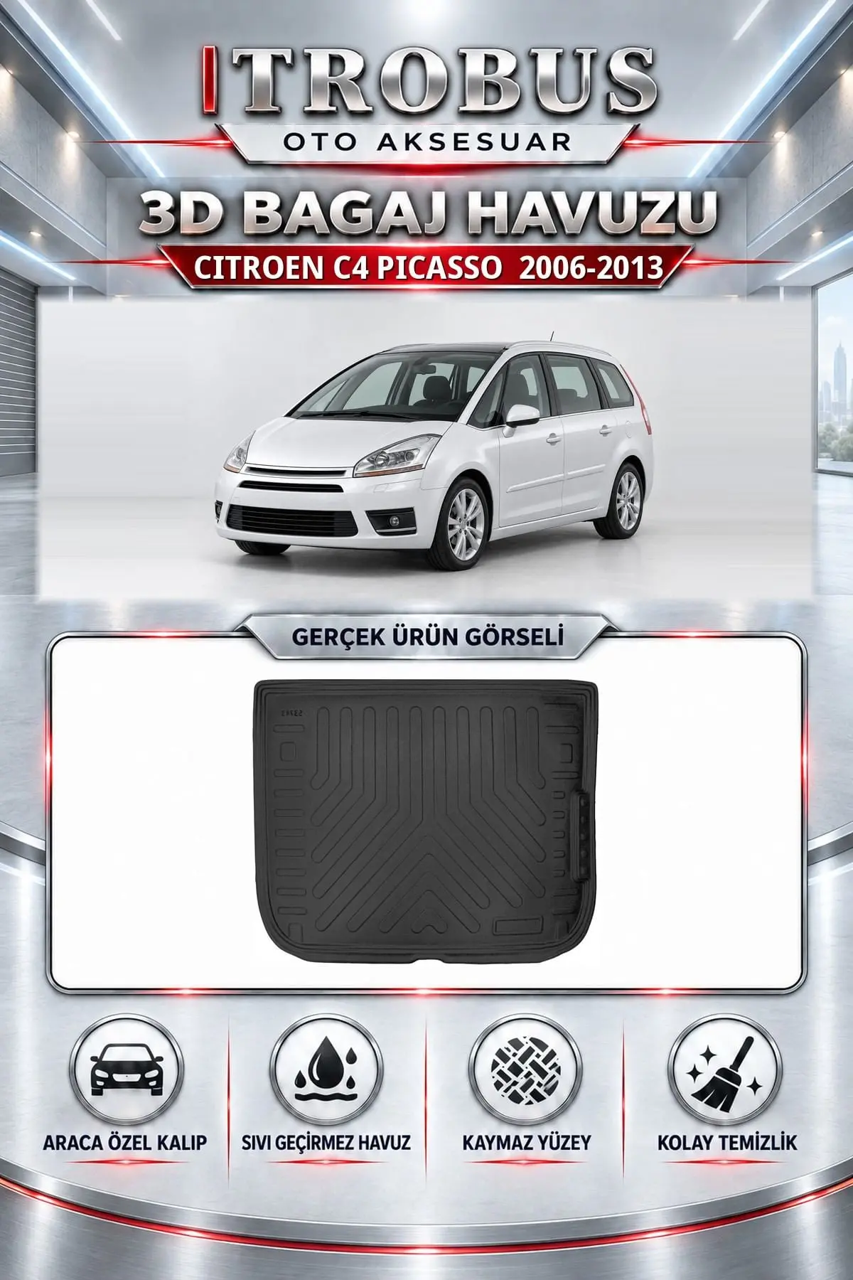 Citroen C4 Picasso 2006-2013 Araca Özel 3D Bagaj Havuzu