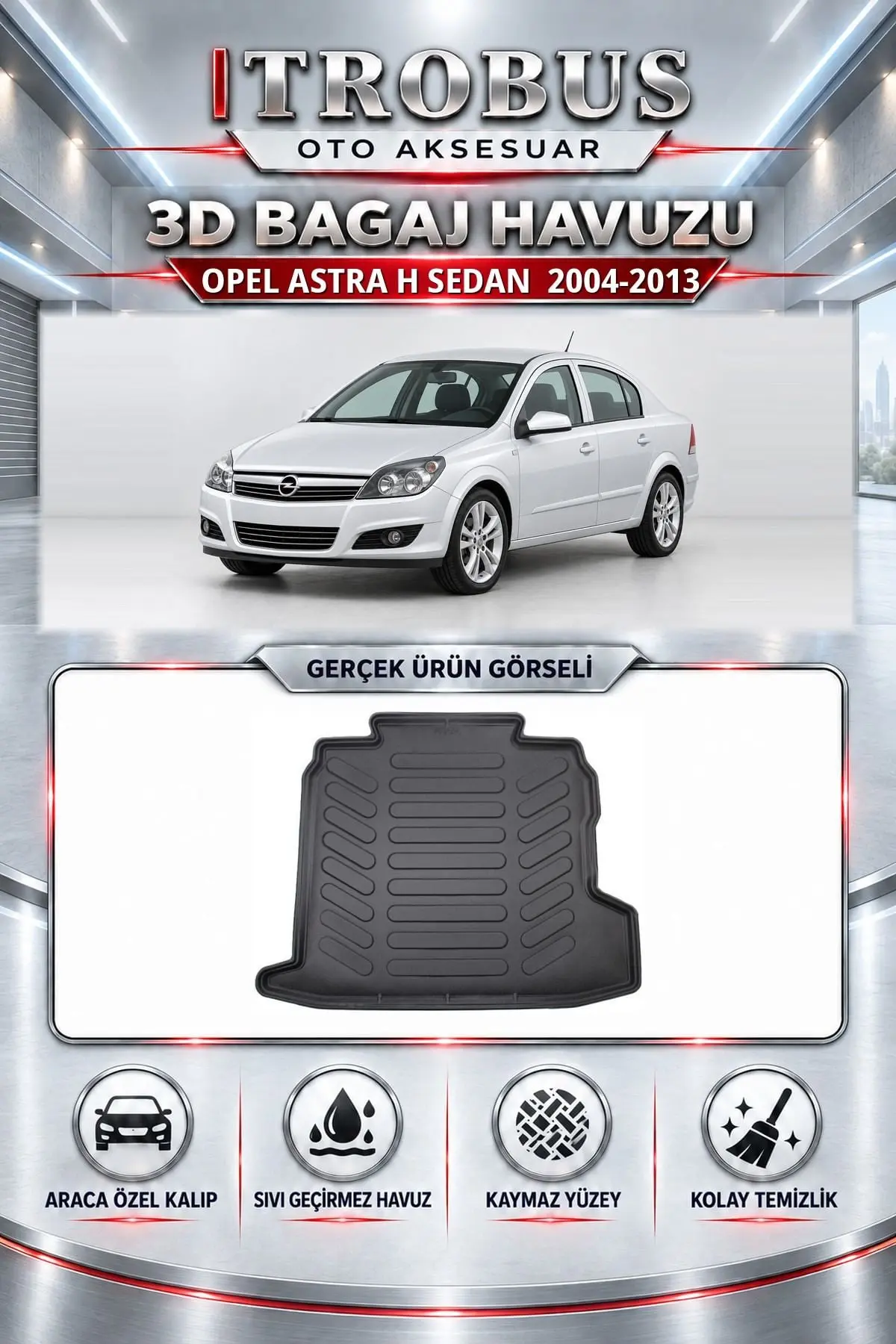 Opel Astra H 2004-2013 Sedan Araca Özel 3D Bagaj Havuzu