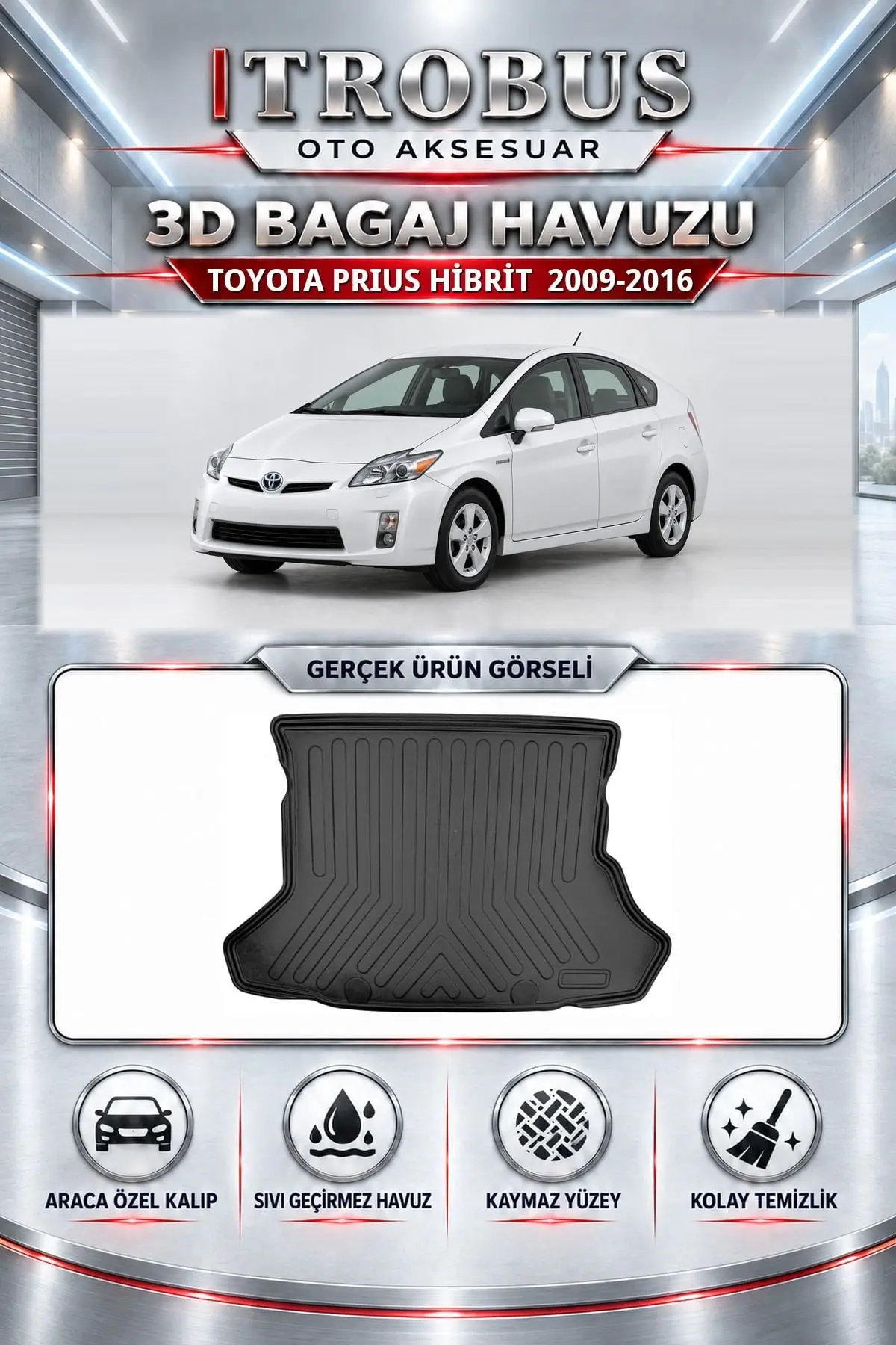 Toyota Prius Hibrit 2009-2016 Araca Özel 3D Bagaj Havuzu