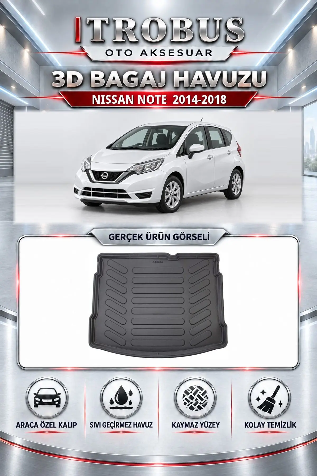 Nissan Note 2014-2018 Araca Özel 3D Bagaj Havuzu