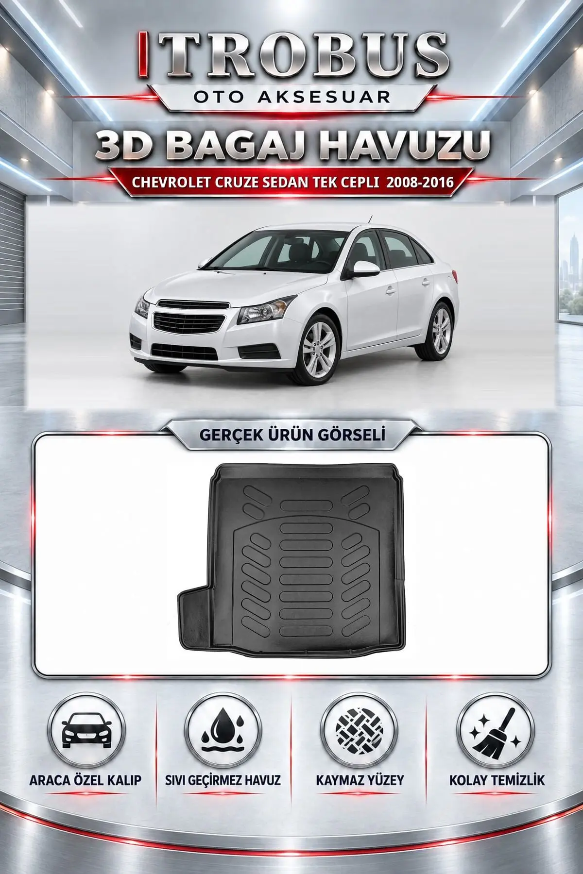 Chevrolet Cruze 2008-2016 Sedan Tek Cepli Araca Özel 3D Bagaj Havuzu
