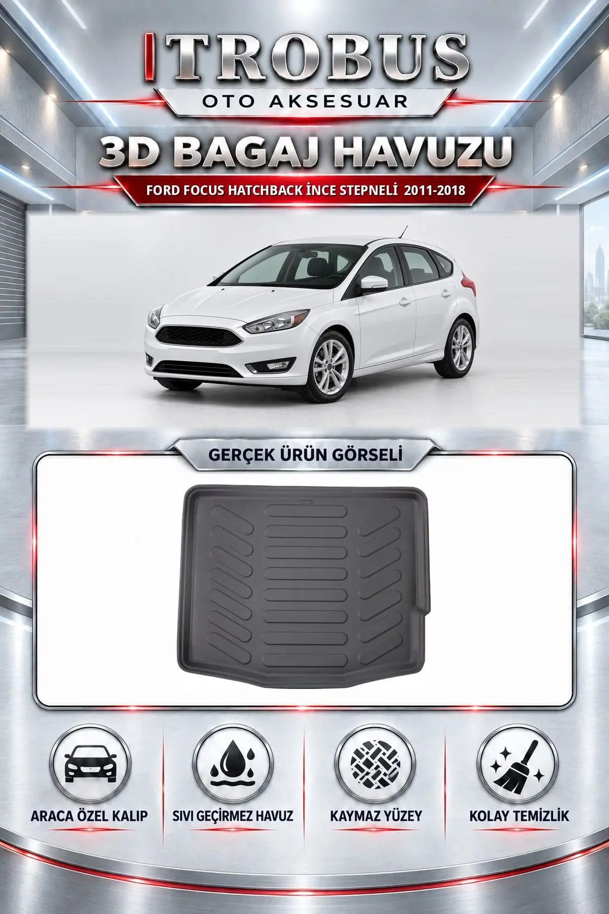 Ford Focus 2011-2018 Hatchback İnce Stepneli Araca Özel 3D Bagaj Havuzu
