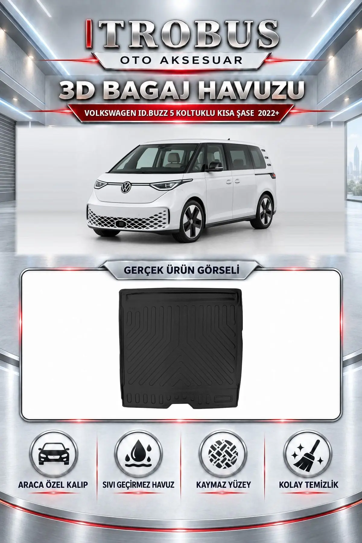 Volkswagen ID.Buzz 2022 Sonrası 5 Koltuklu Kısa Şase Araca Özel 3D Bagaj Havuzu