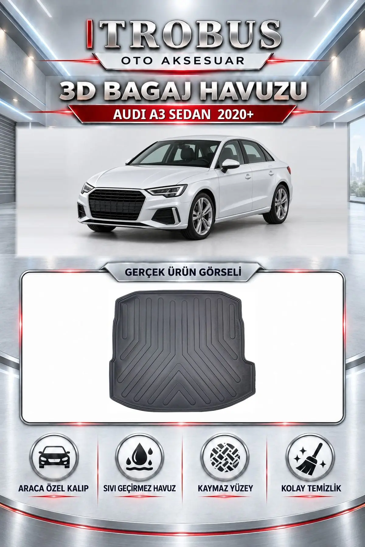 Audi A3 2020 Sonrası Sedan Araca Özel 3D Bagaj Havuzu