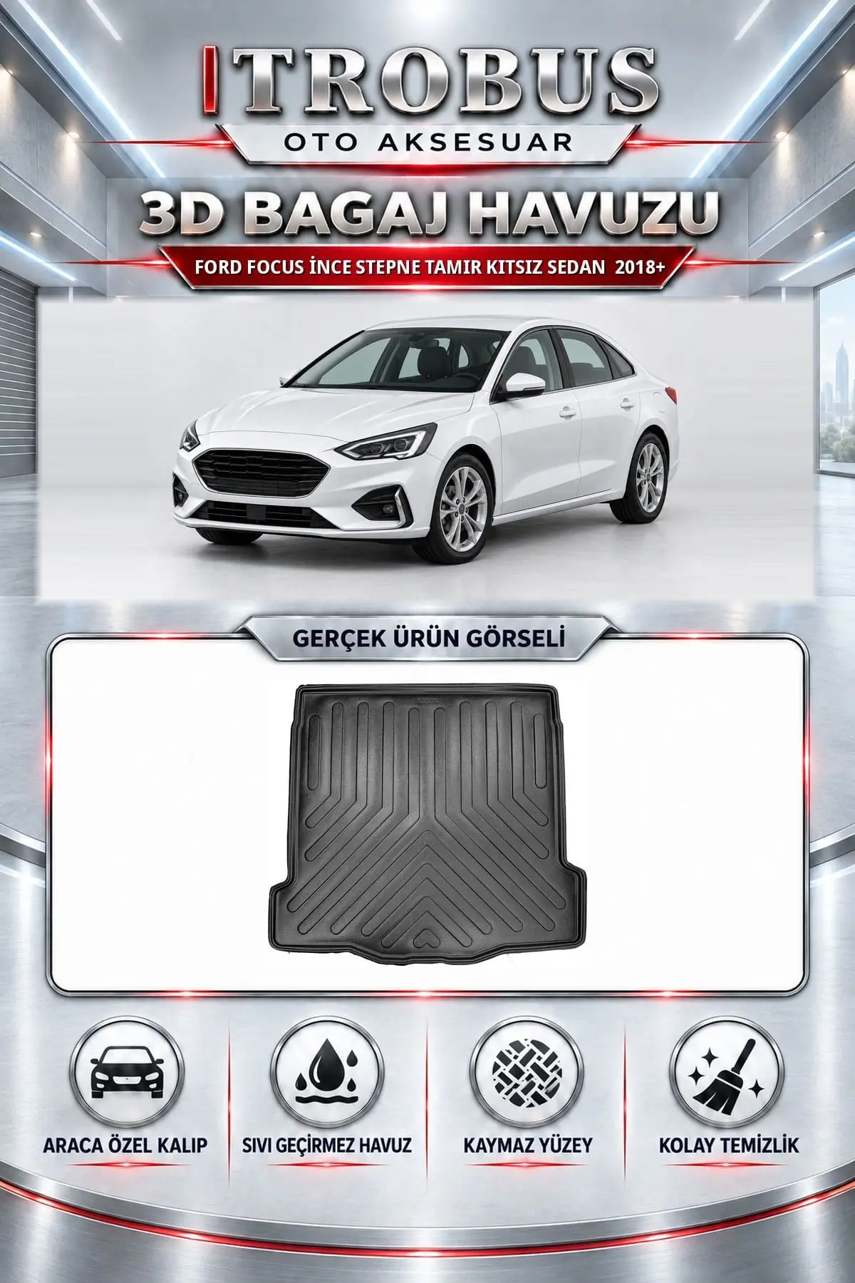 Ford Focus 2018 Sonrası İnce Stepne Tamir Kitsiz Sedan Araca Özel 3D Bagaj Havuzu