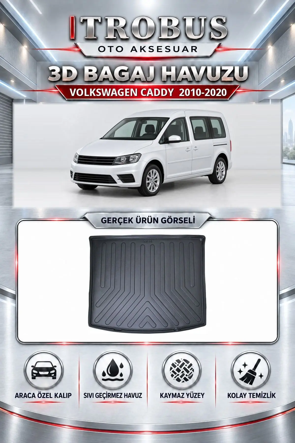 Volkswagen Caddy 2010-2020 Araca Özel 3D Bagaj Havuzu