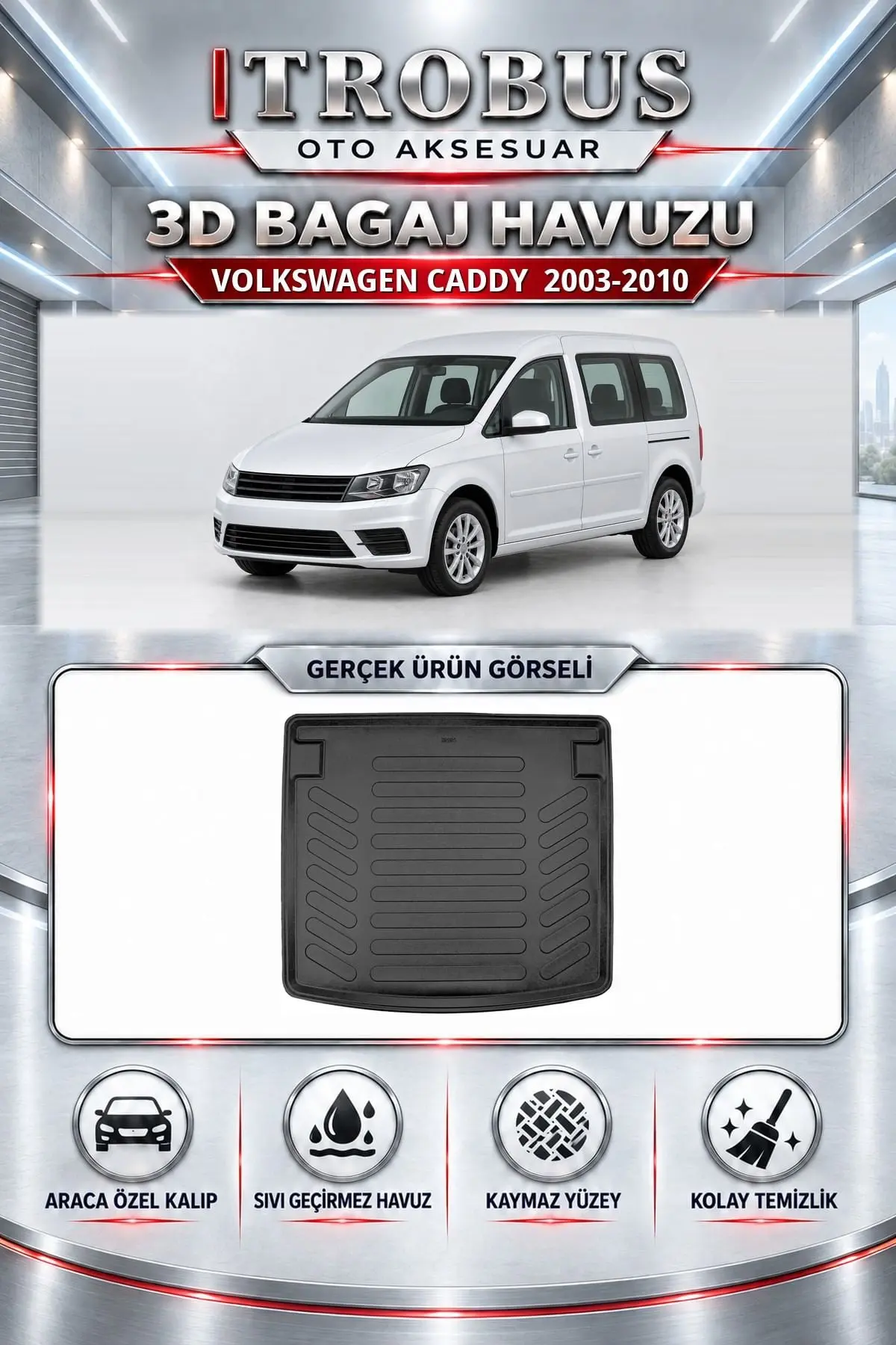 Volkswagen Caddy 2003-2010 Araca Özel 3D Bagaj Havuzu