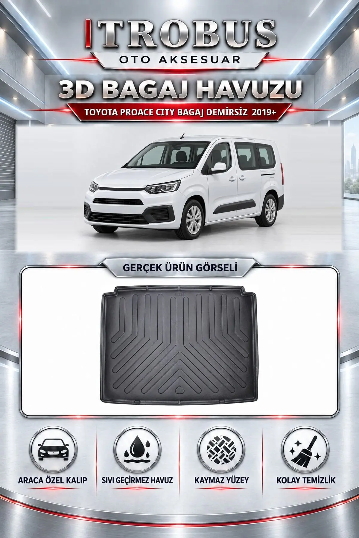Toyota Proace City 2019 Sonrası Bagaj Demirsiz Araca Özel 3D Bagaj Havuzu