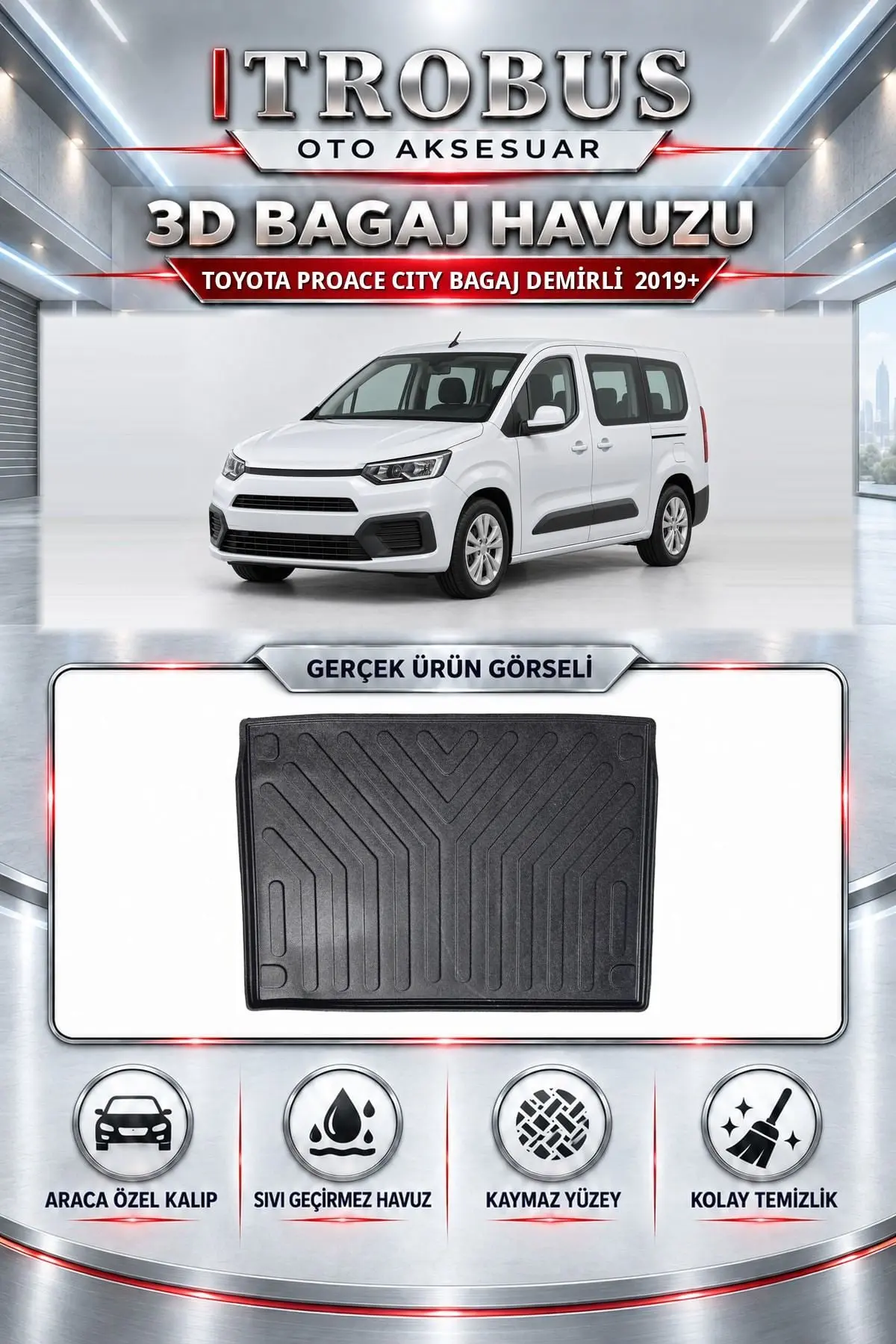Toyota Proace City 2019 Sonrası Bagaj Demirli Araca Özel 3D Bagaj Havuzu