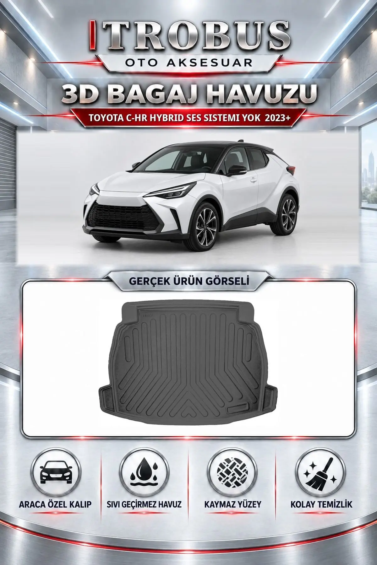 Toyota C-HR 2023 Sonrası Hybrid Ses Sistemi Yok Araca Özel 3D Bagaj Havuzu