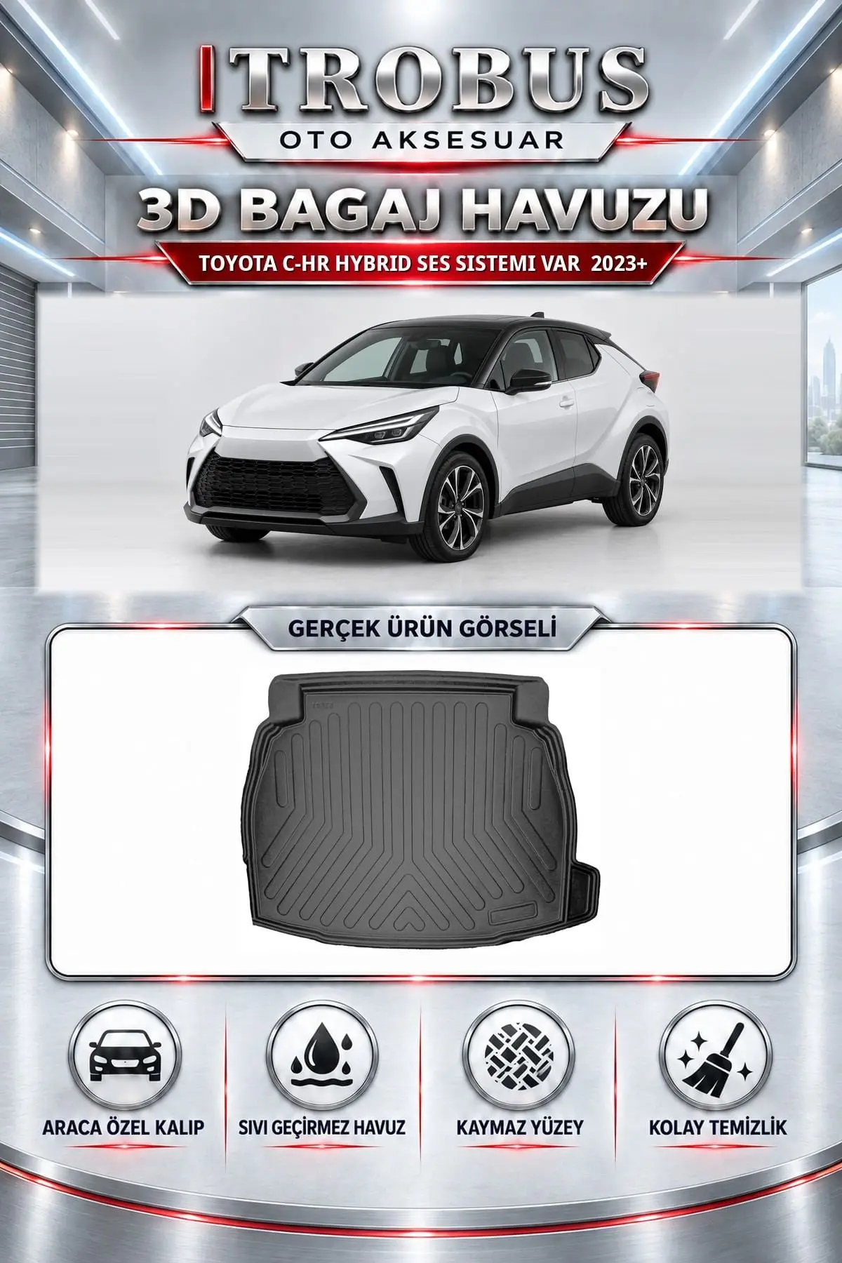 Toyota C-HR 2023 Sonrası Hybrid Ses Sistemi Var Araca Özel 3D Bagaj Havuzu