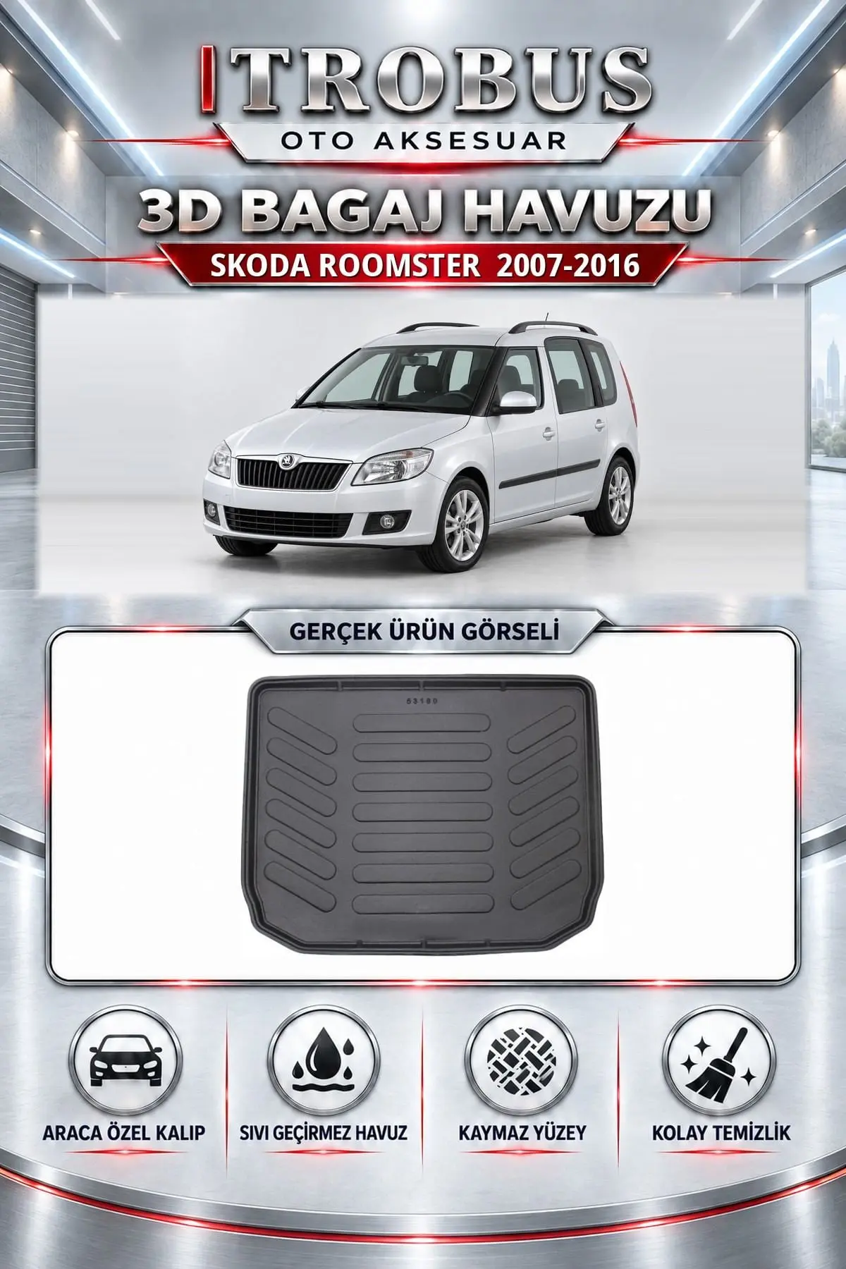 Skoda Roomster 2007-2016 Araca Özel 3D Bagaj Havuzu
