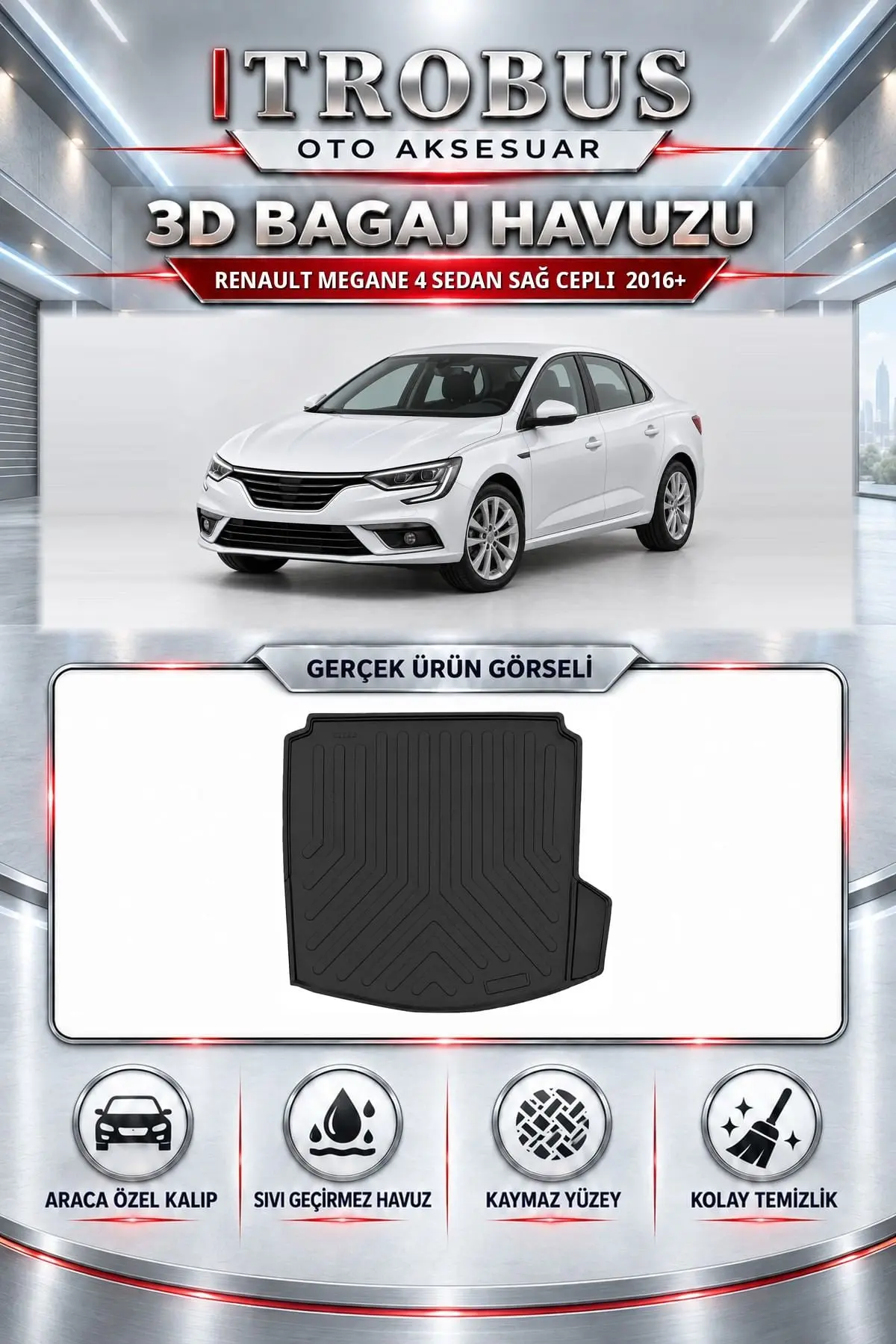 Renault Megane 4 2016 Sonrası Sedan Sağ Cepli Araca Özel 3D Bagaj Havuzu