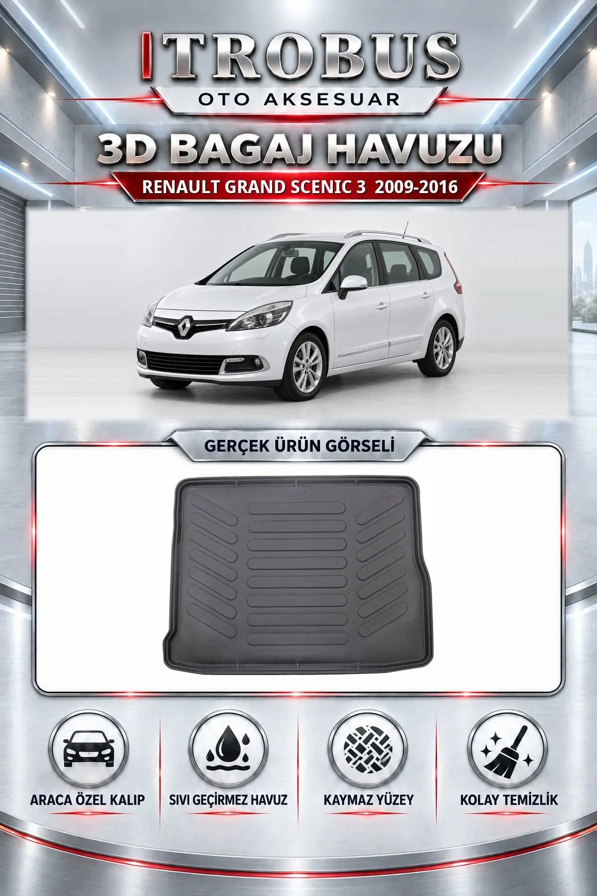 Renault Grand Scenic 3 2009-2016 Araca Özel 3D Bagaj Havuzu