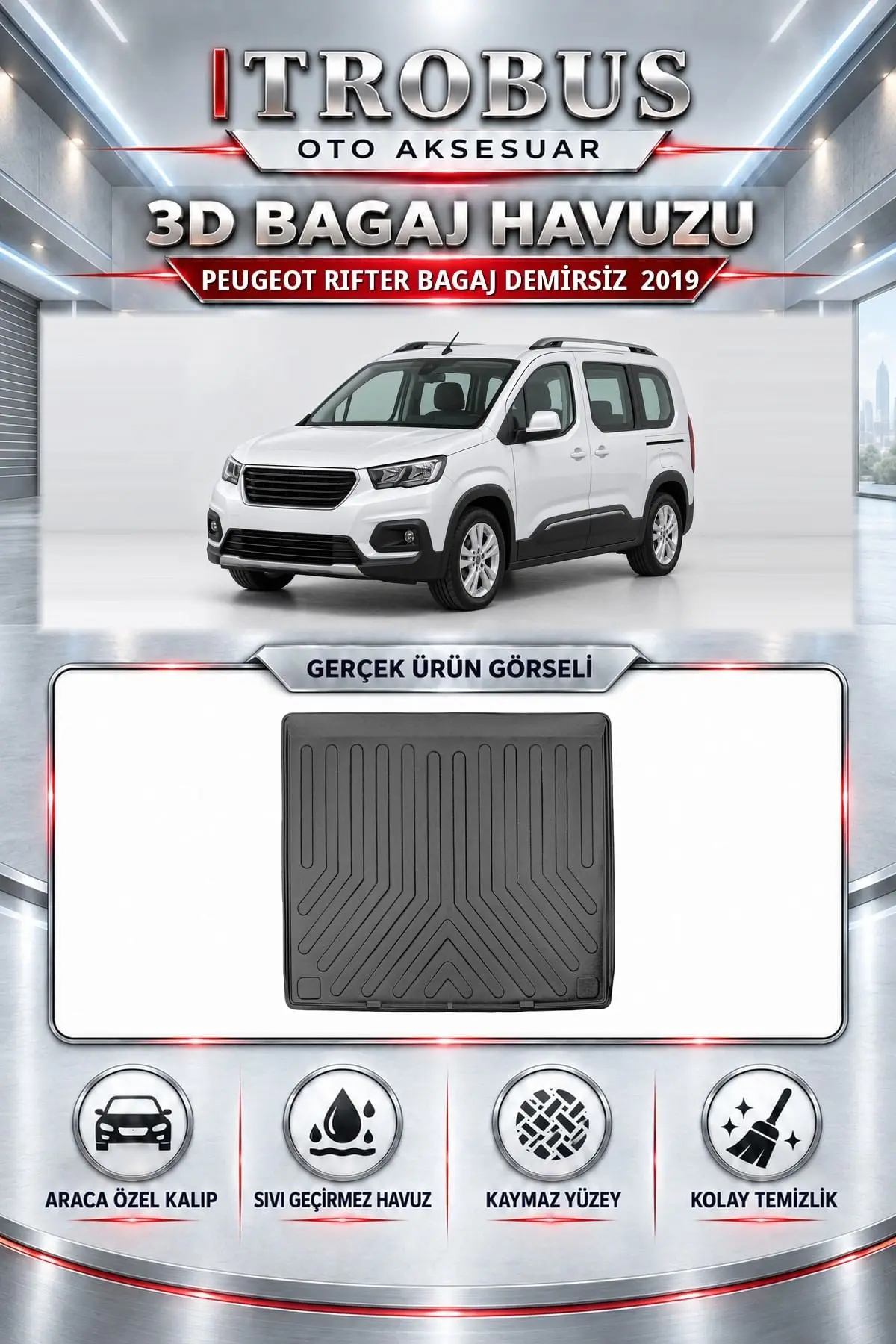Peugeot Rifter 2019 Bagaj Demirsiz Araca Özel 3D Bagaj Havuzu