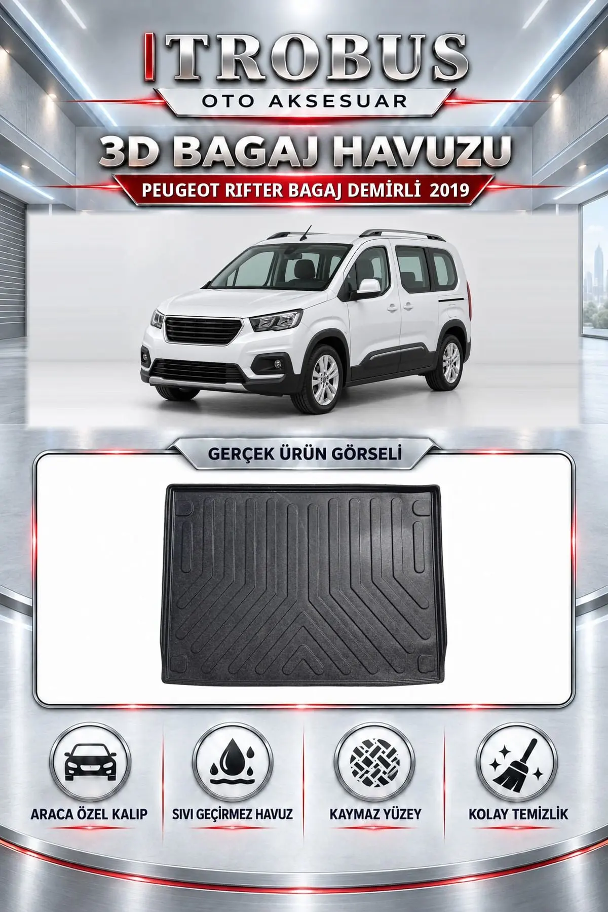 Peugeot Rifter 2019 Bagaj Demirli Araca Özel 3D Bagaj Havuzu