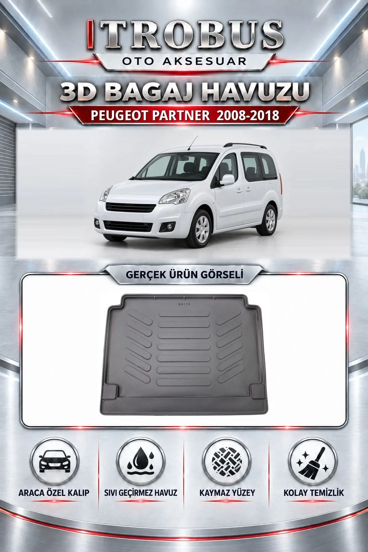 Peugeot Partner 2008-2018 Araca Özel 3D Bagaj Havuzu