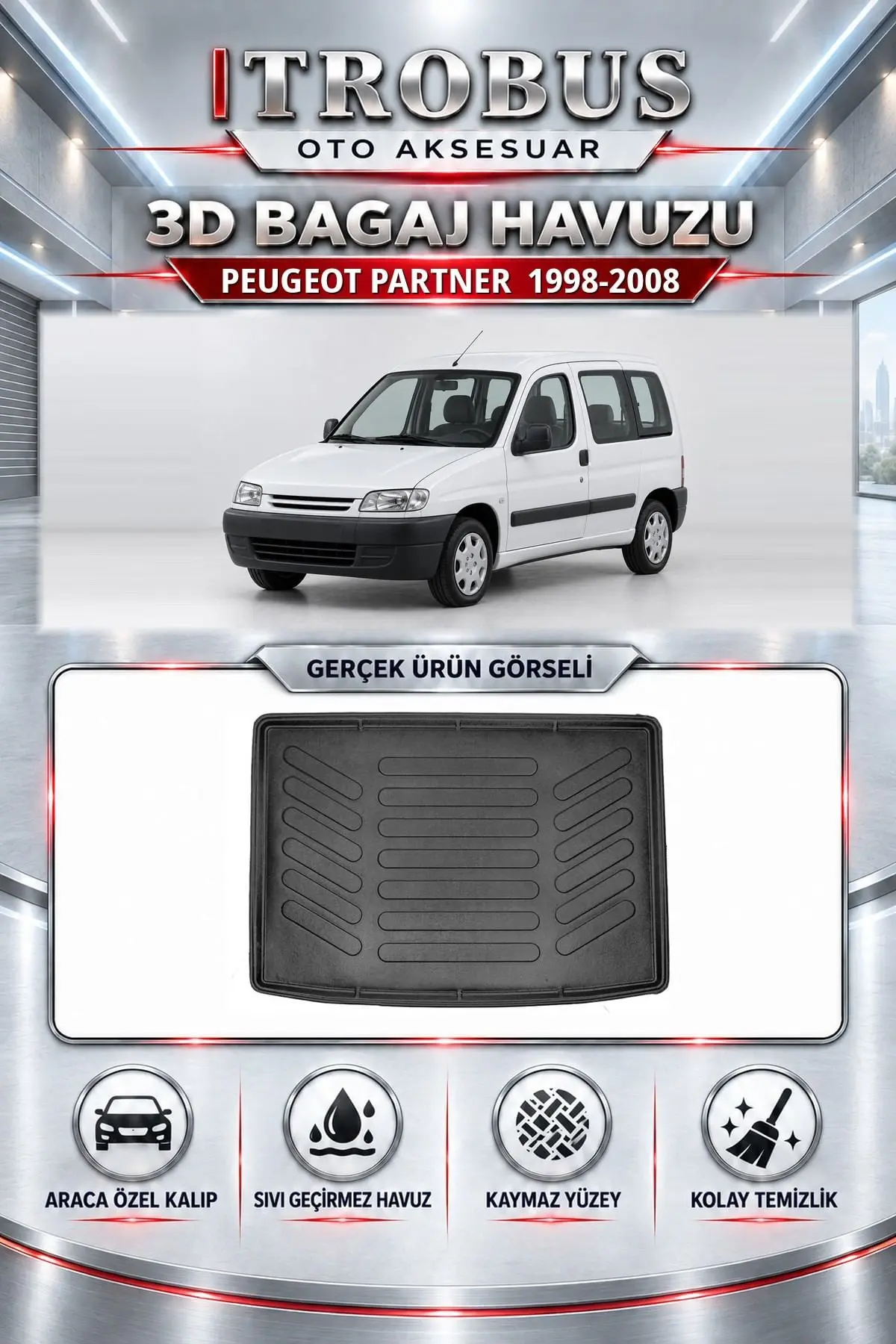 Peugeot Partner 1998-2008 Araca Özel 3D Bagaj Havuzu
