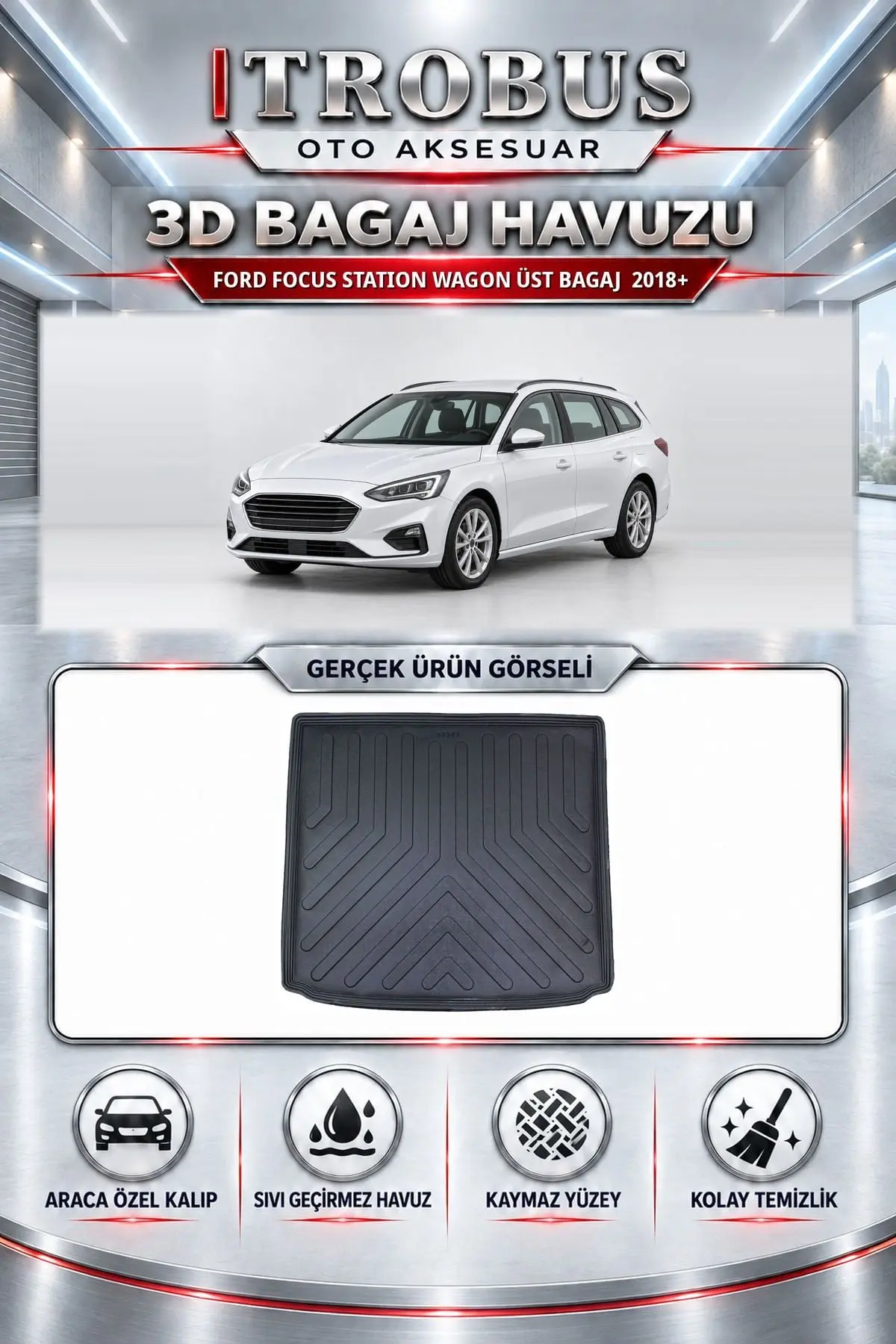 Ford Focus 2018 Sonrası Station Wagon Üst Bagaj Araca Özel 3D Bagaj Havuzu