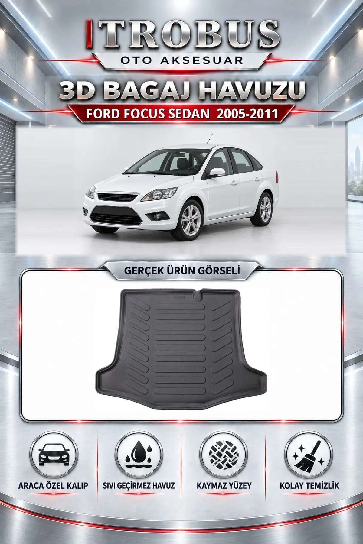 Ford Focus 2005-2011 Sedan Araca Özel 3D Bagaj Havuzu