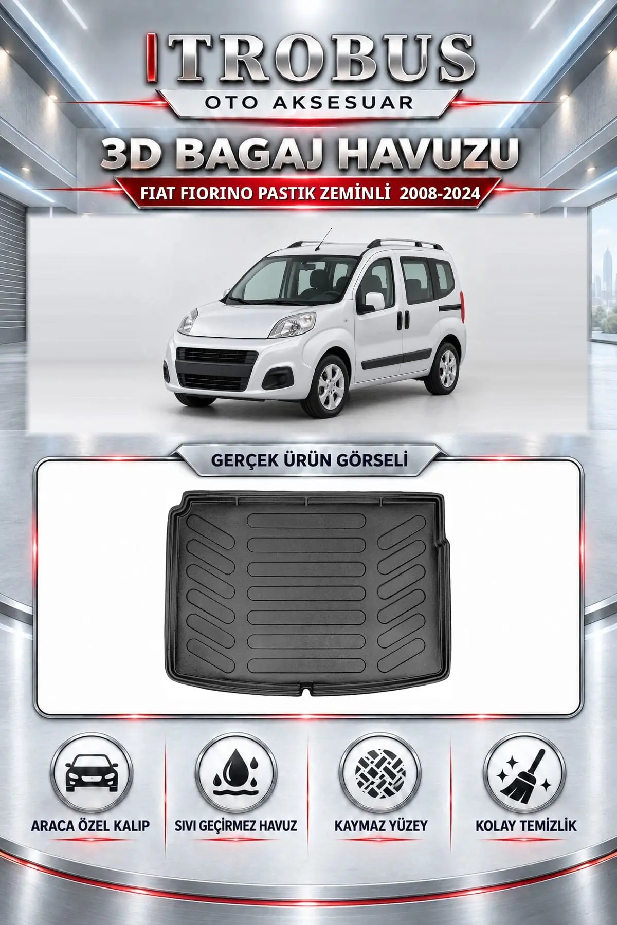 Fiat Fiorino 2008-2024 Pastik Zeminli Araca Özel 3D Bagaj Havuzu