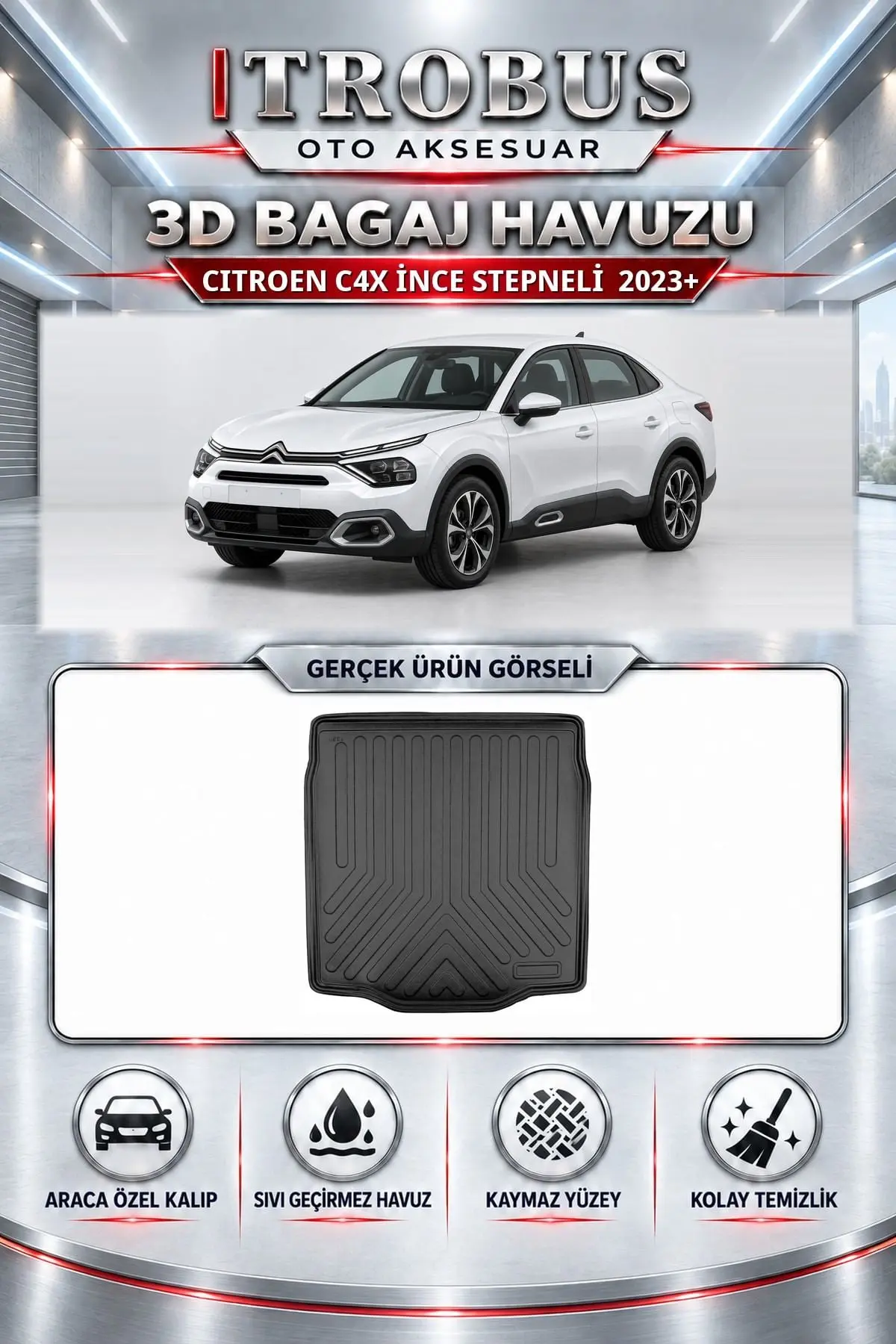 Citroen C4X 2023 Sonrası İnce Stepneli Araca Özel 3D Bagaj Havuzu