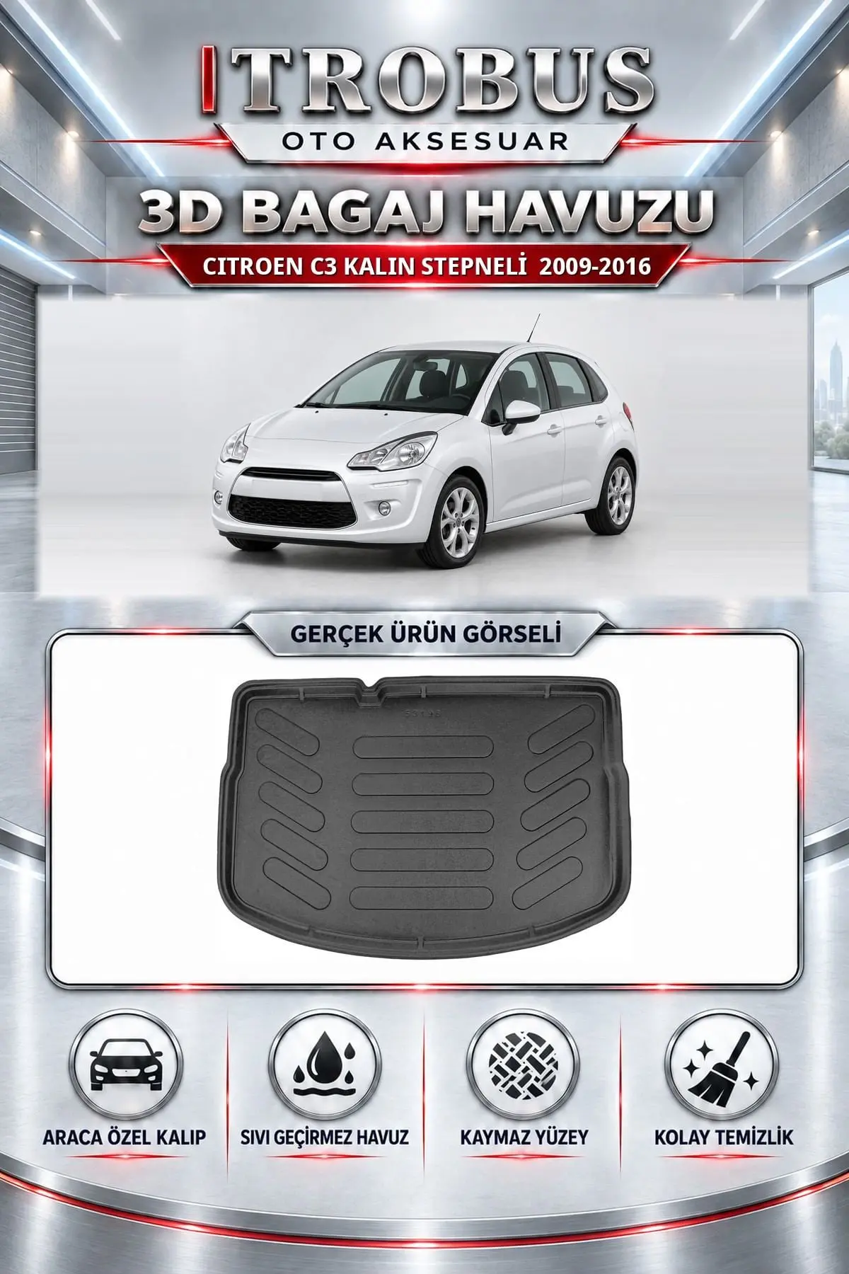 Citroen C3 2009-2016 Kalın Stepneli Araca Özel 3D Bagaj Havuzu