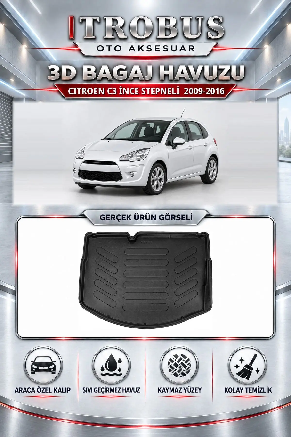 Citroen C3 2009-2016 İnce Stepneli Araca Özel 3D Bagaj Havuzu