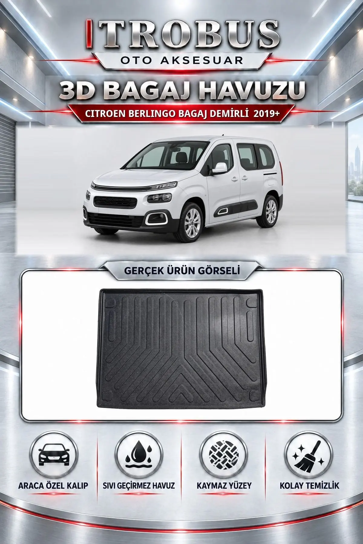 Citroen Berlingo 2019 Sonrası Bagaj Demirli Araca Özel 3D Bagaj Havuzu