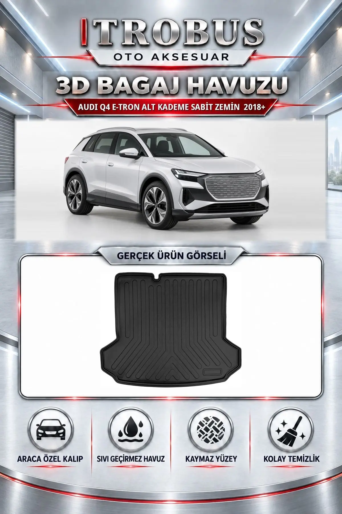 Audi Q4 E-Tron 2018 Sonrası Alt Kademe Sabit Zemin Araca Özel 3D Bagaj Havuzu