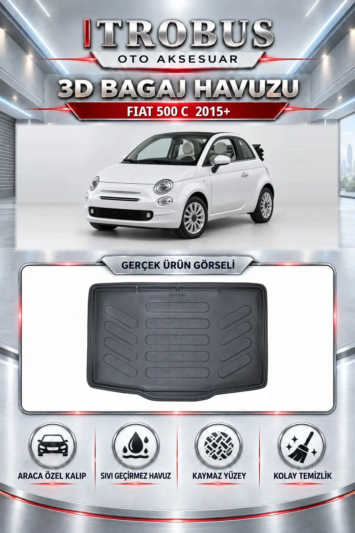 Fiat 500 C 2015 Sonrası Araca Özel 3D Bagaj Havuzu