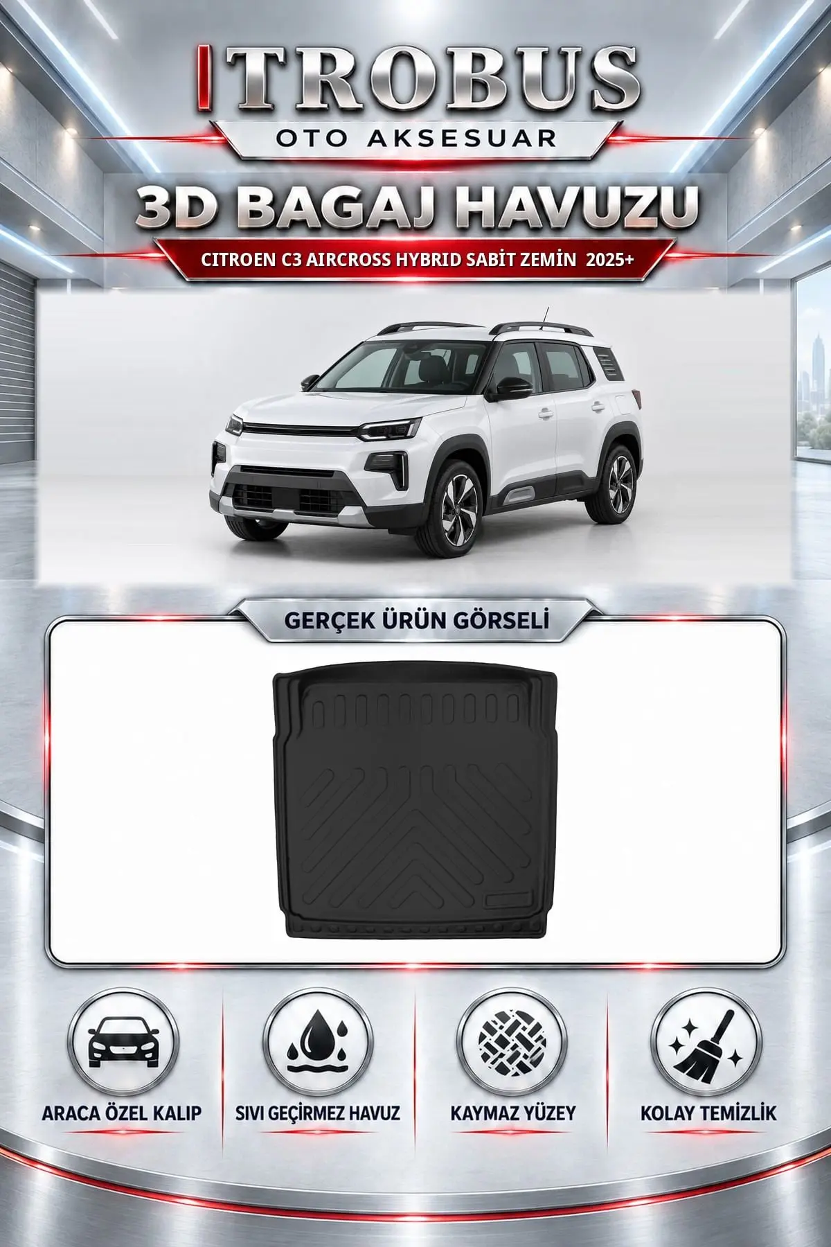Citroen C3 Aircross 2025 Sonrası Hybrid Sabit Zemin Araca Özel 3D Bagaj Havuzu