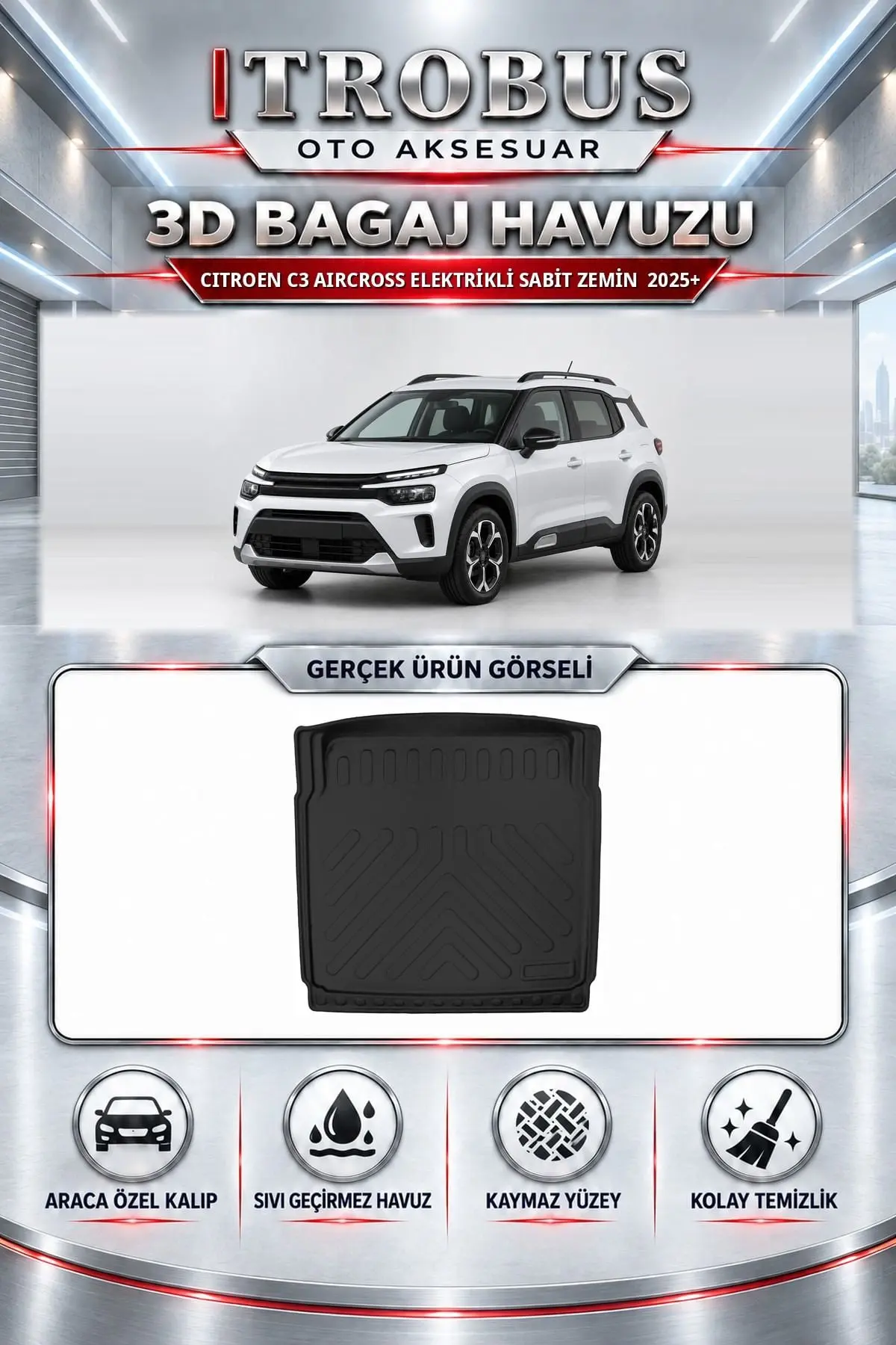 Citroen C3 Aircross 2025 Sonrası Elektrikli Sabit Zemin Araca Özel 3D Bagaj Havuzu