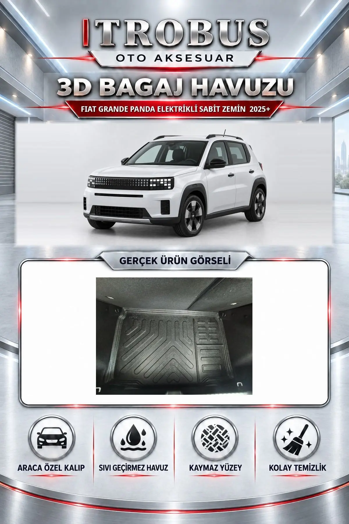 Fiat Grande Panda 2025 Sonrası Elektrikli Sabit Zemin Araca Özel 3D Bagaj Havuzu
