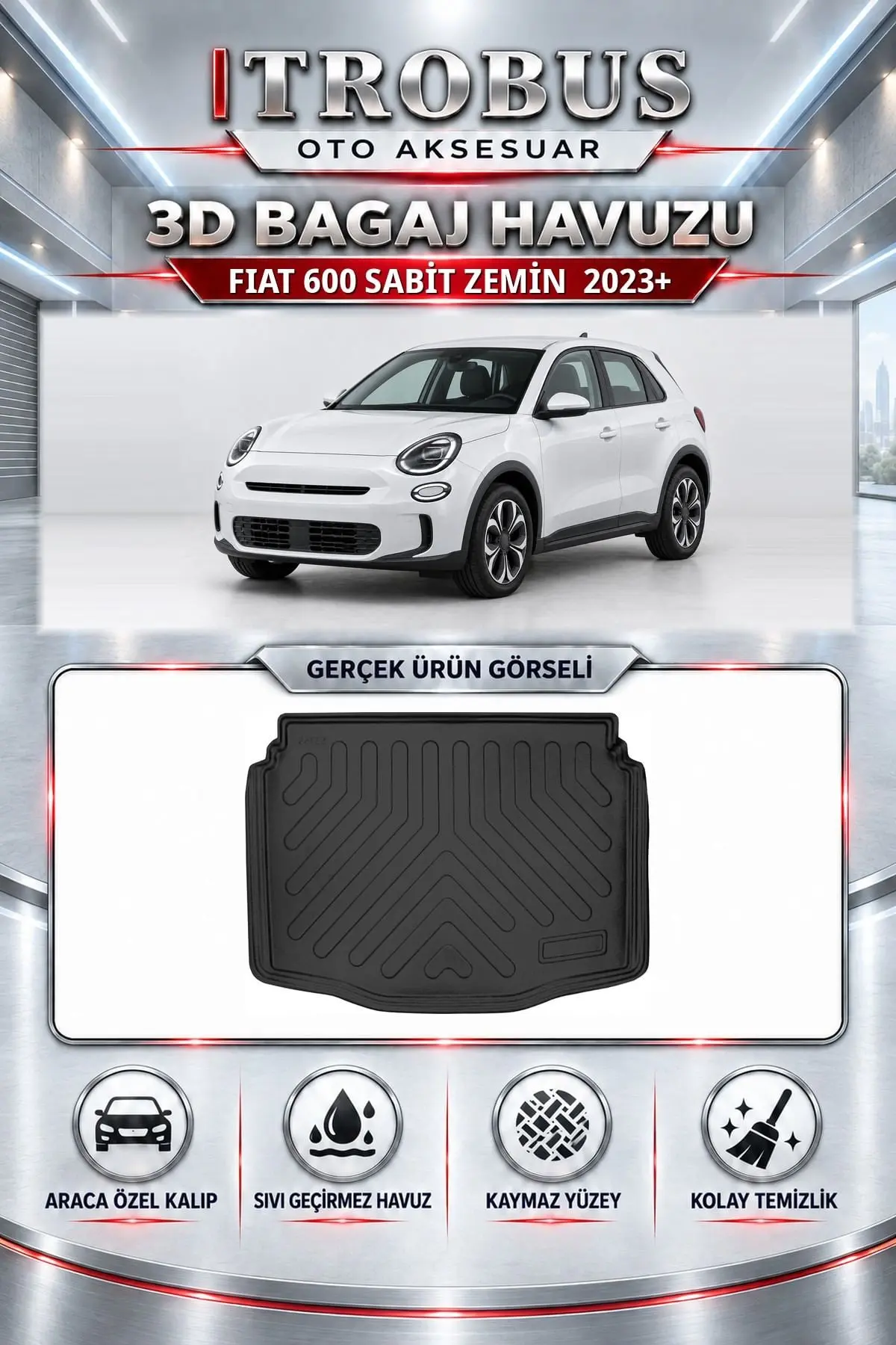 Fiat 600 2023 Sonrası Sabit Zemin Araca Özel 3D Bagaj Havuzu