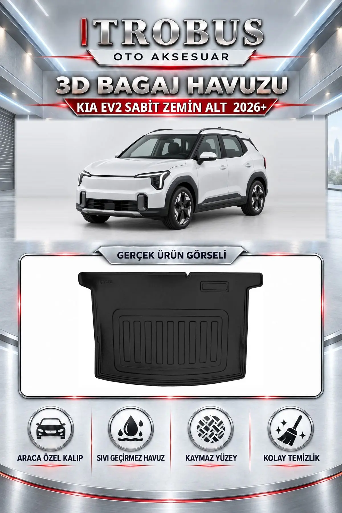 Kia EV2 2026 Sonrası Sabit Zemin Alt Araca Özel 3D Bagaj Havuzu