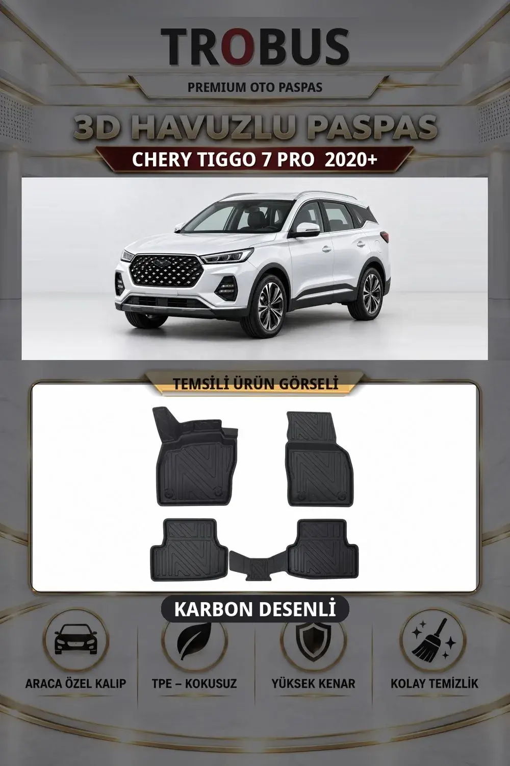 Chery Tiggo 7 PRO 2020+ Karbon Desenli Premium 3D Havuzlu Oto Paspas