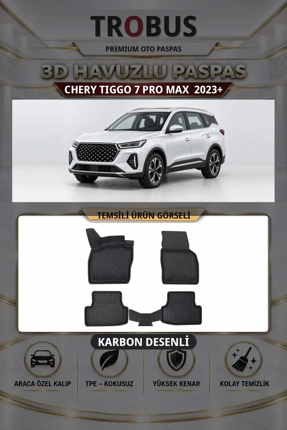 Chery Tiggo 7 PRO MAX 2023+ Karbon Desenli Premium 3D Havuzlu Oto Paspas