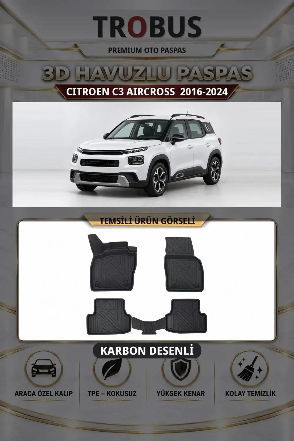 Citroen C3 Aircross 2016-2024 Karbon Desenli Premium 3D Havuzlu Oto Paspas