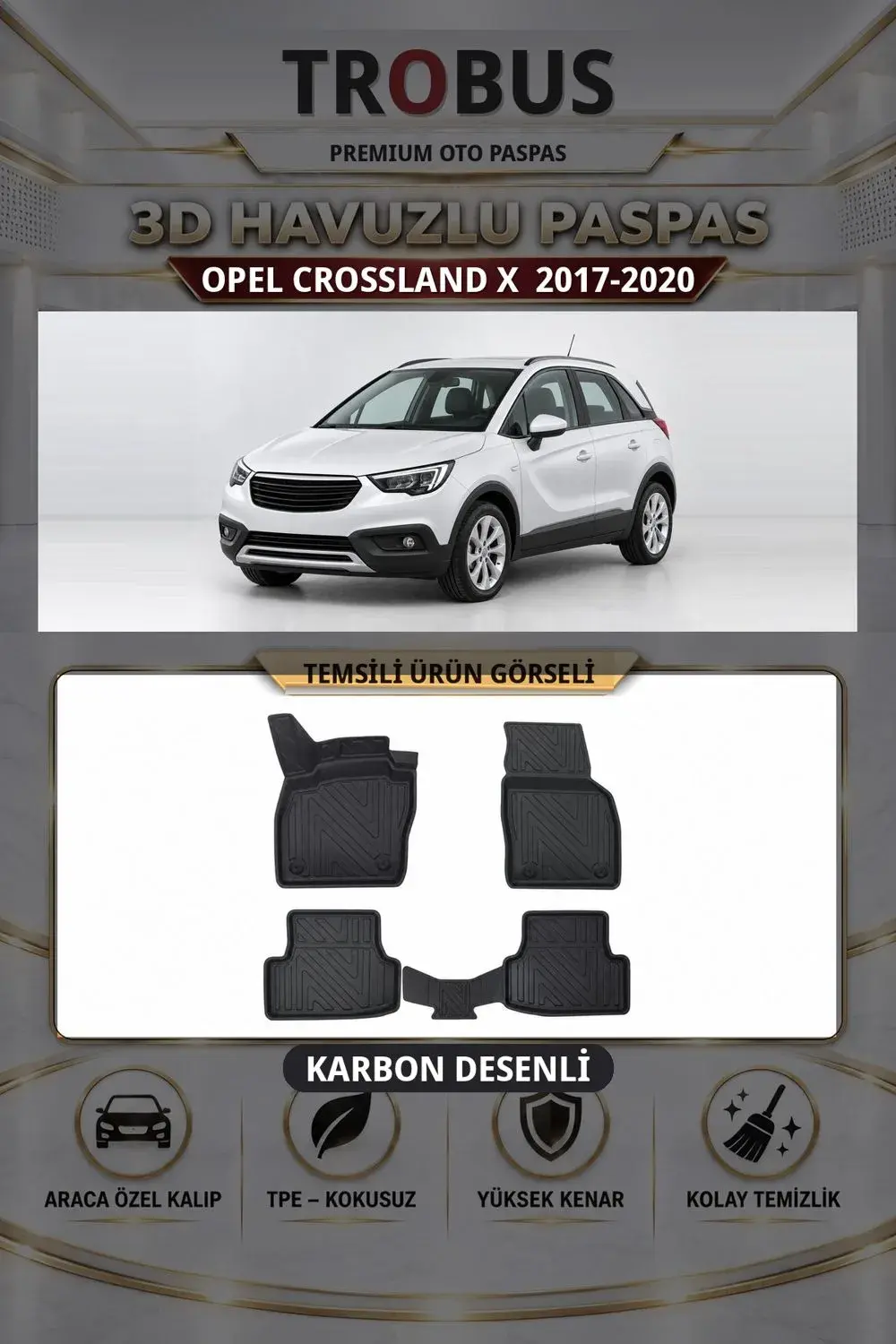 Opel Crossland X 2017-2020 Karbon Desenli Premium 3D Havuzlu Oto Paspas