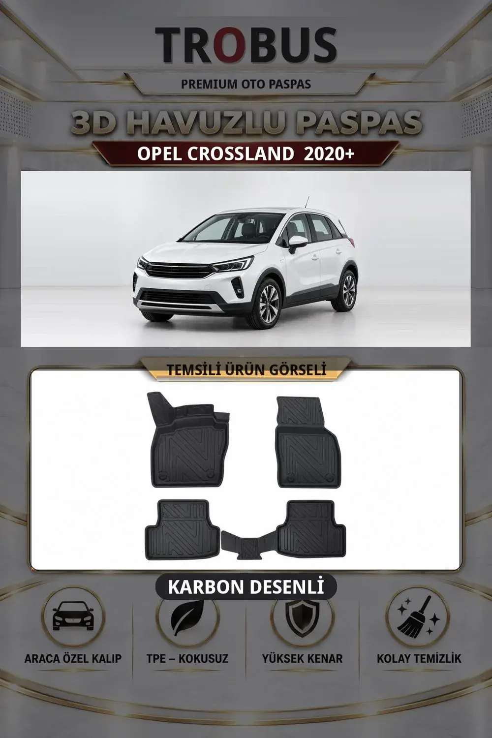 Opel Crossland 2020+ Karbon Desenli Premium 3D Havuzlu Oto Paspas