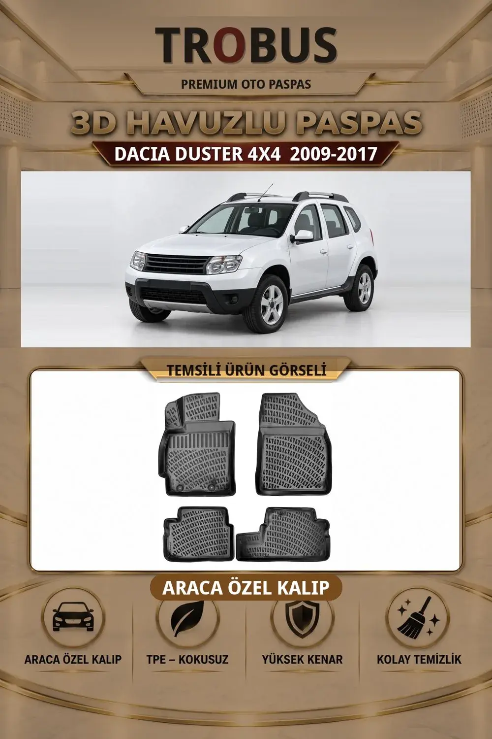 Dacia Duster 4X4 2009-2017 Araca Özel 3D Havuzlu Paspas Siyah - Sahler