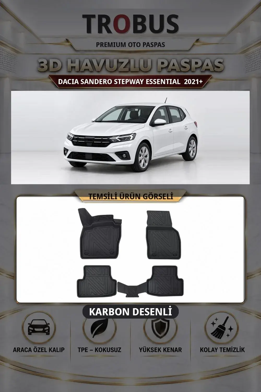 Dacia Sandero Stepway Essential 2021+ Karbon Desenli Premium 3D Havuzlu Oto Paspas