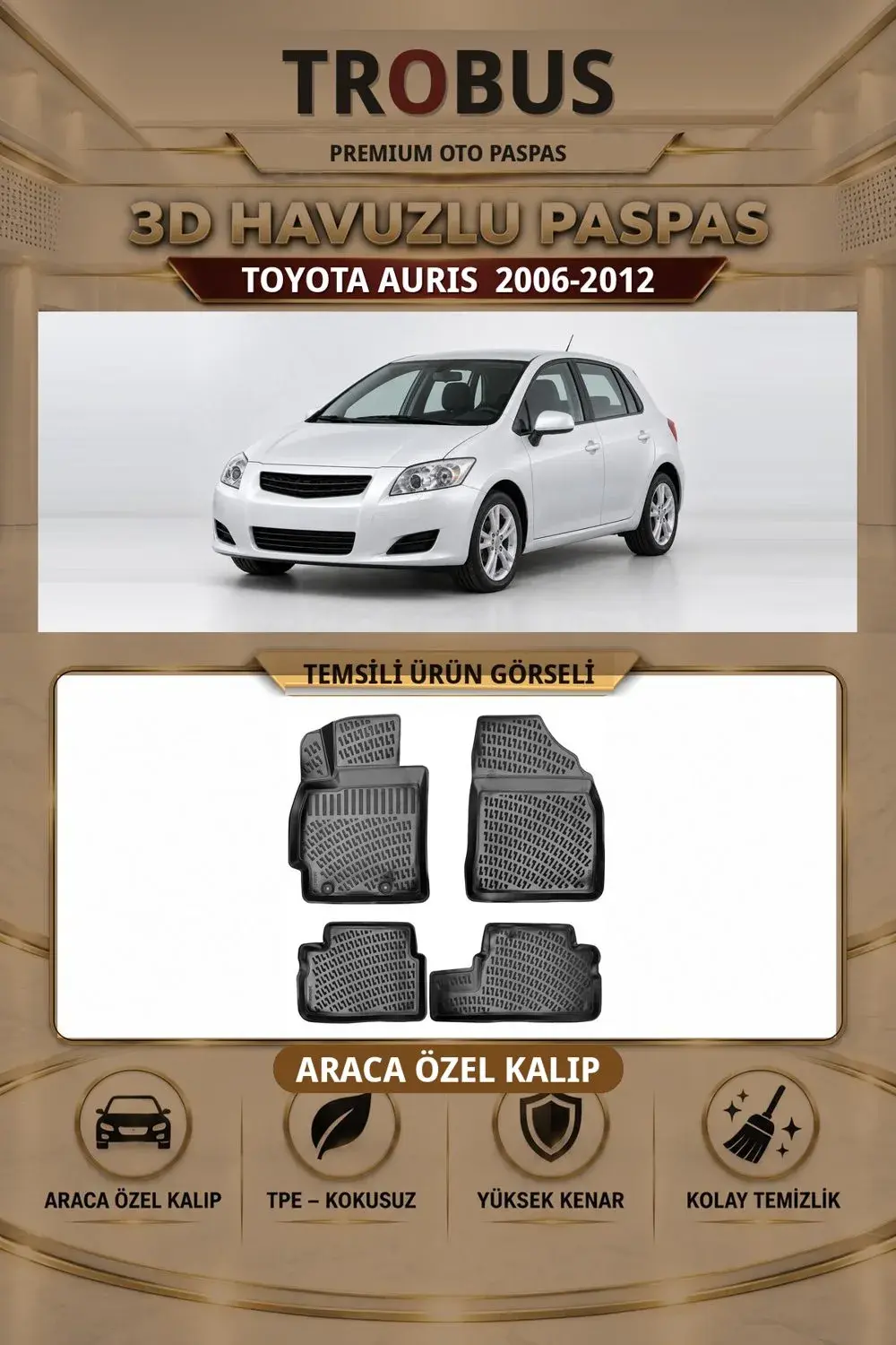 Toyota Auris 2006-2012 Araca Özel 3D Havuzlu Paspas Siyah - Sahler