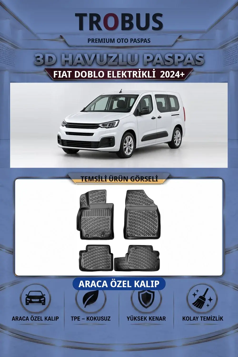 Fiat Doblo Elektrikli 2024+ Araca Özel 3D Havuzlu Paspas Siyah - İtibar