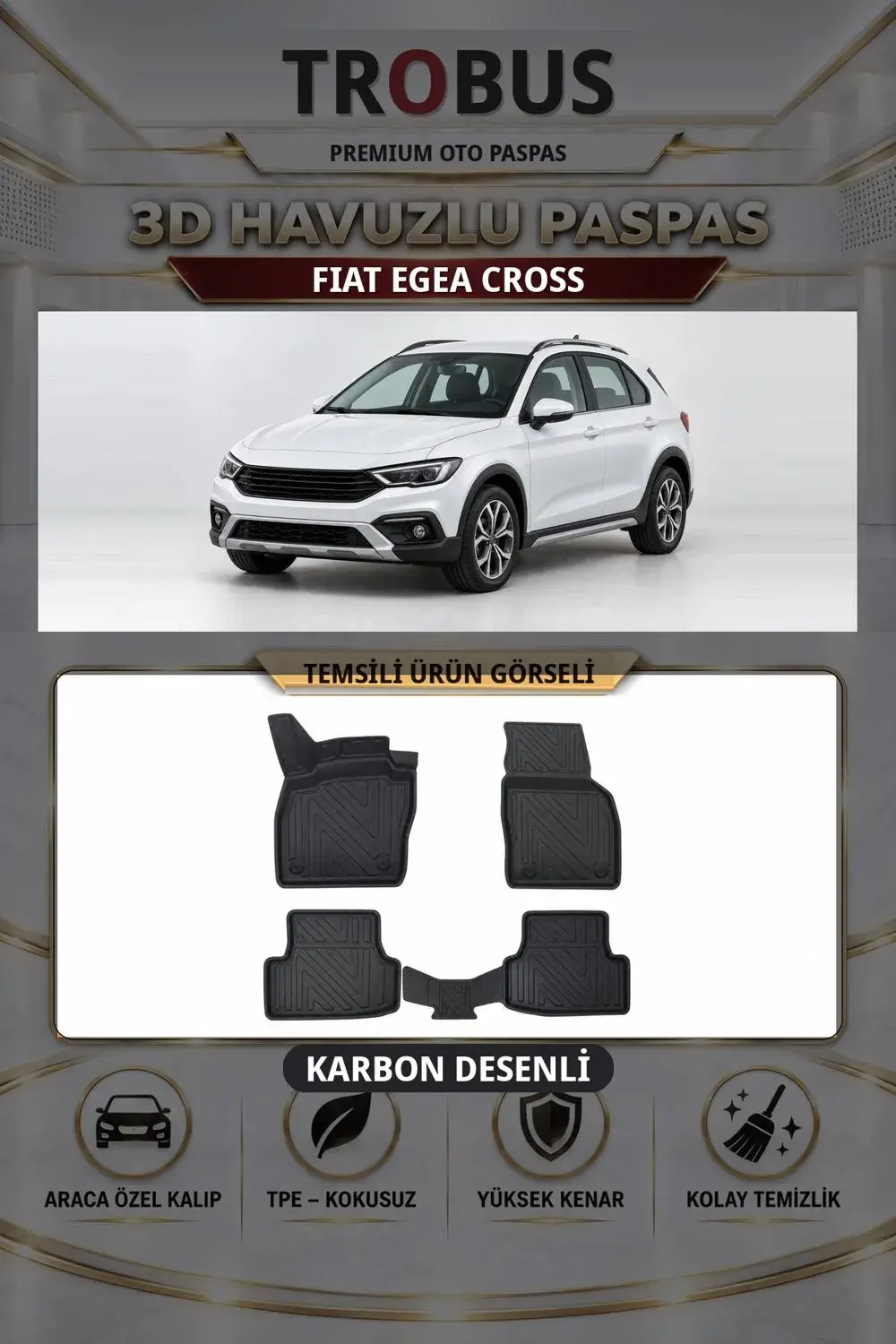 Fiat Egea Cross Karbon Desenli Premium 3D Havuzlu Oto Paspas