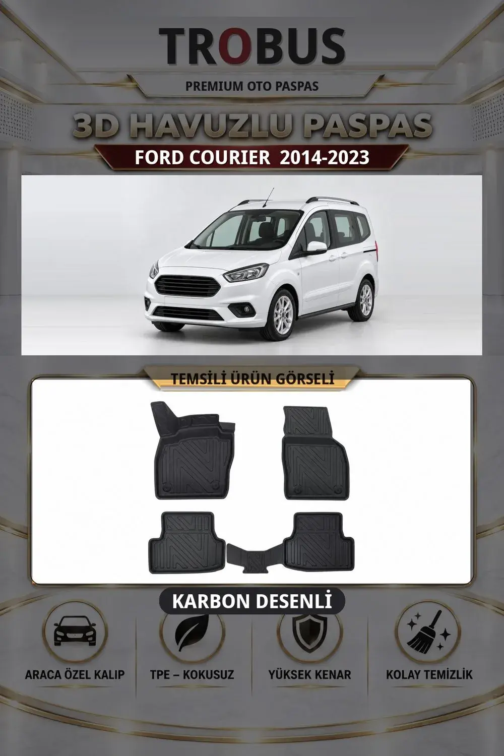 Ford Courier 2014-2023 Karbon Desenli Premium 3D Havuzlu Oto Paspas